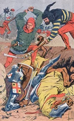 Flemish citizens, fighting on foot, defeat the well armoured and mounted French Knights at the Battle of the Golden Spurs near Courtrai in 1302